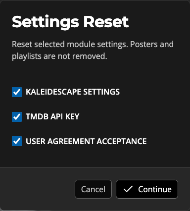 The Settings Reset prompt with module checkboxes