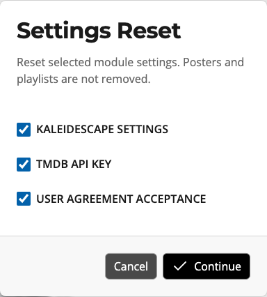 The Settings Reset prompt with module checkboxes